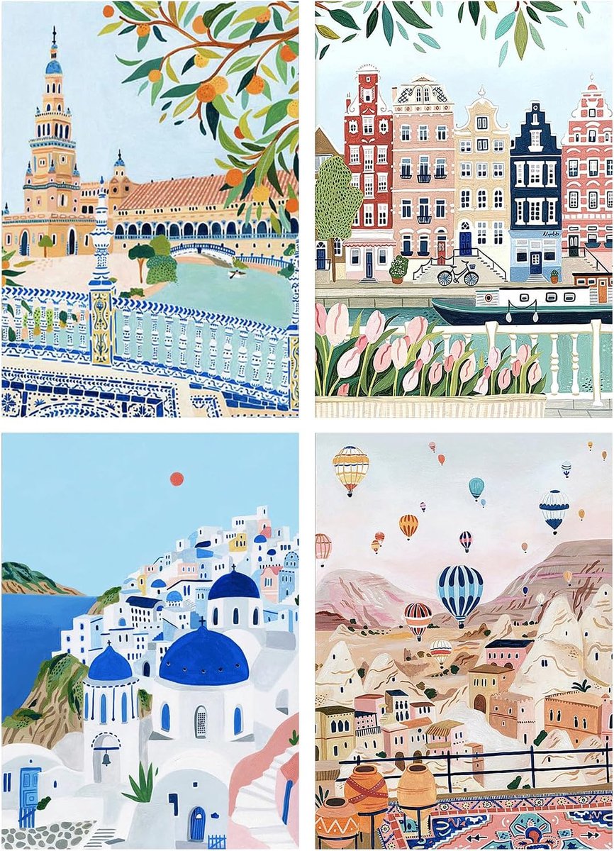 Diamond Painting Stadsafbeeldingen Set van 4 30 x 40 cm Spanje, Nederland, Griekenland, Turkije Bloemen, Tulpen, Hete Luchtballon, Landschap