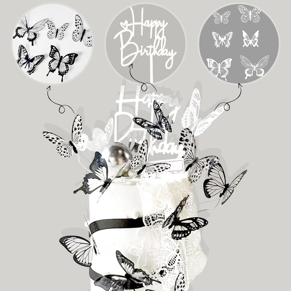 Taartdecoratie, 13 stuks, glanzende vlinder, cupcake, feestdecoratie, thema's, 3D vlinder, taartdecoratie, doe-het-zelf Happy Birthday taartset (zwart en wit)