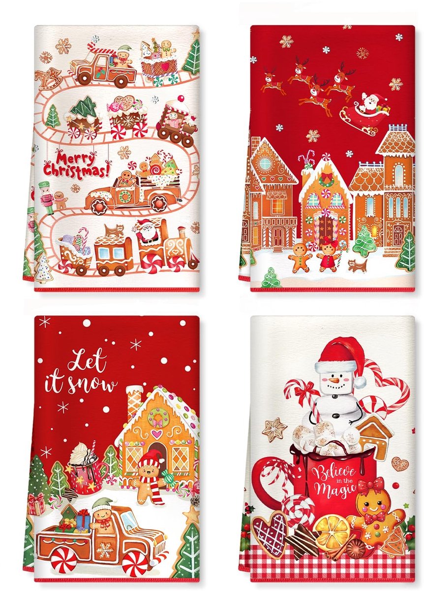Omgoods - Set van 4 Kerst Microvezel Keukenhanddoeken met Gemberbrood Thema