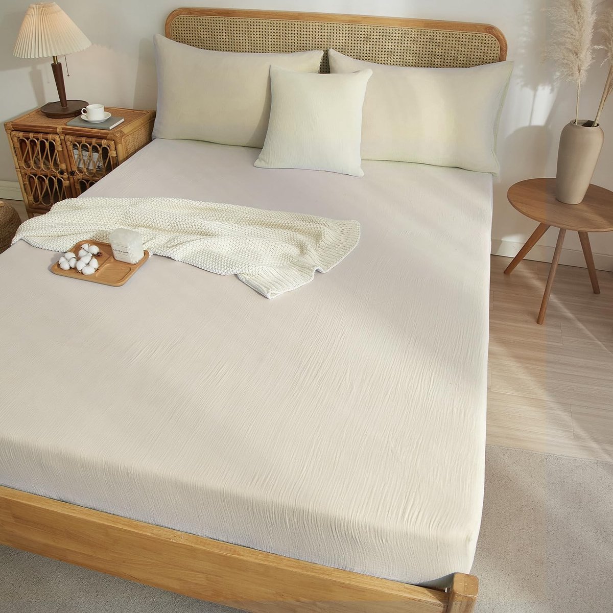 Omgoods - Muslin Fitted Sheet 140 x 200 cm Cream White - Zachte Katoenen Bedlakens voor Boxspring