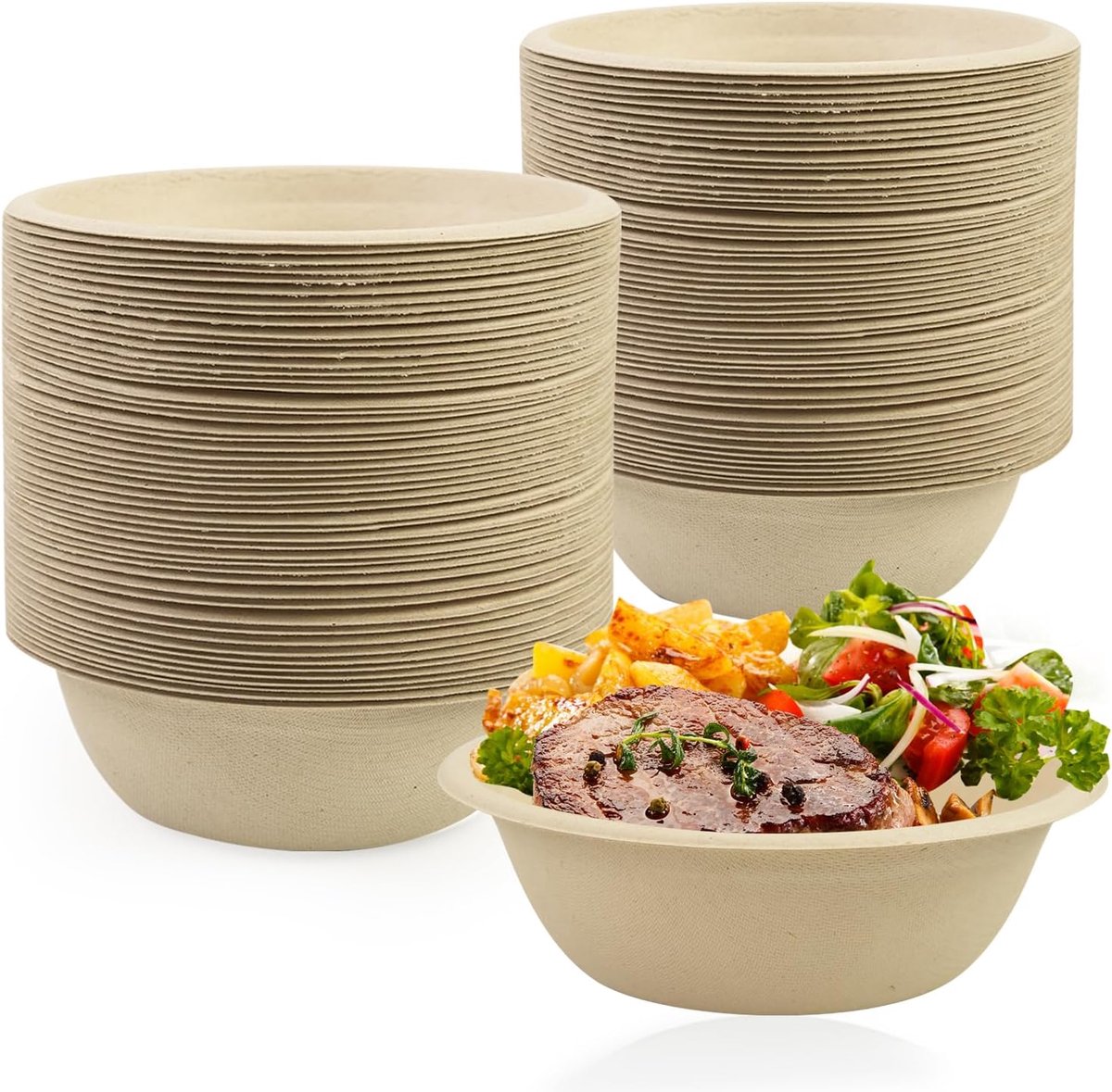 100 stuks wegwerpschalen van papier, bagasse, soepkommen, wegwerpservies voor feestjes (natuurlijk, 500 ml)