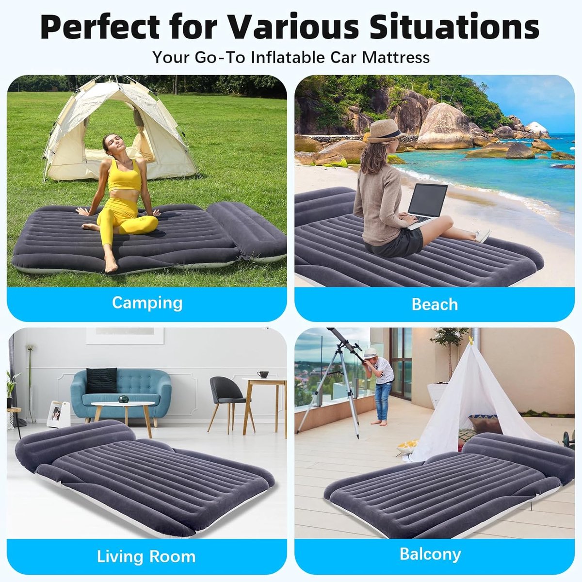 Opblaasbaar SUV-matras met pomp - Opblaasbaar automatras voor buiten voor SUV - Draagbaar slaapmatras | Draagbare reismat voor kamperen en roadtrips - snel opblazen en laten leeglopen met externe pomp - marineblauw+lichtgrijs
