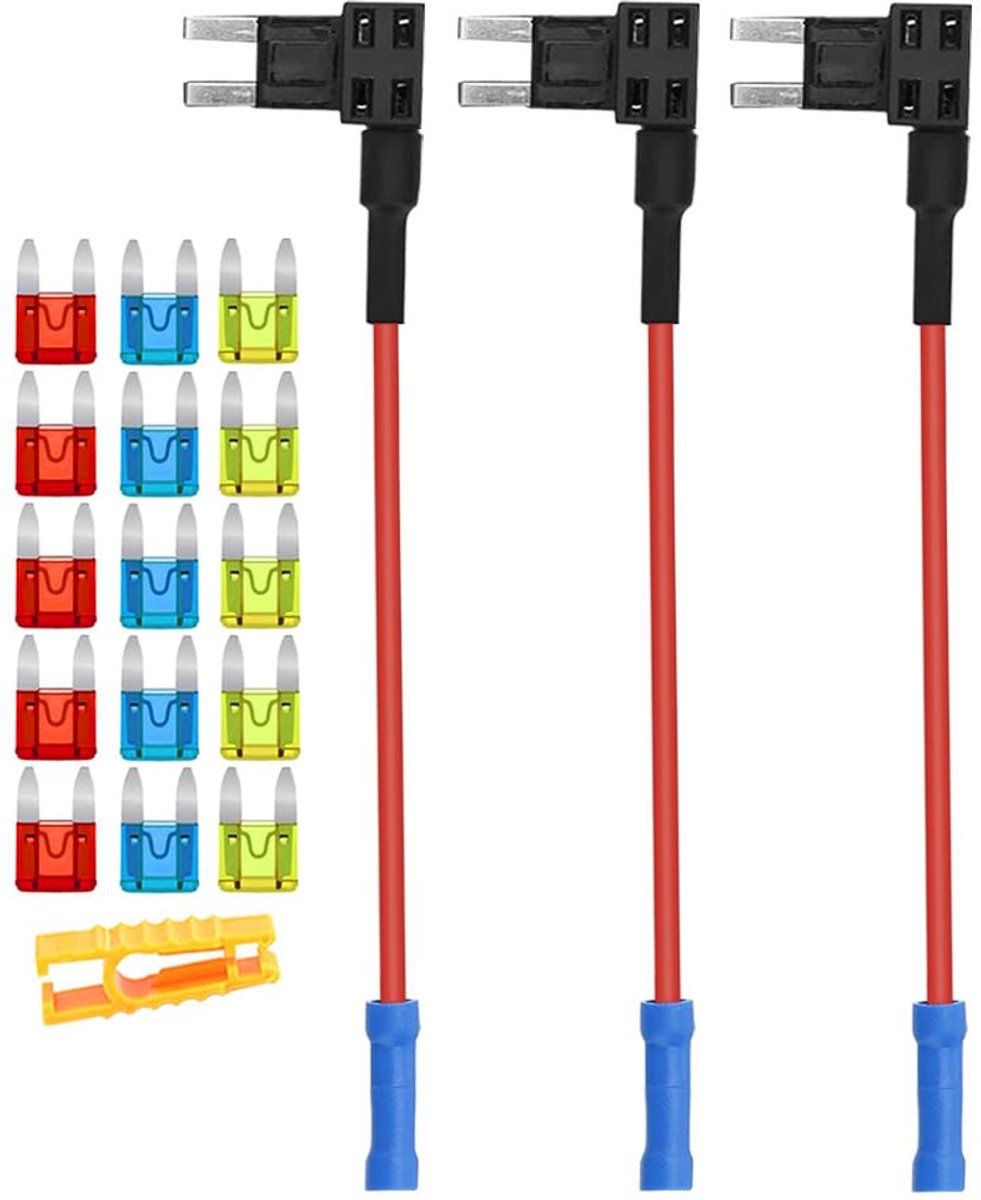 3 Stuks 12V / 24V Klein Add-a-Circuit Zekering Adapter, Auto Piggyback Zekeringhouder met 16 AWG Draad, Gratis 15 Stuks Mini Bladzekeringen en Zekeringtrekker (Krimp Terminal)