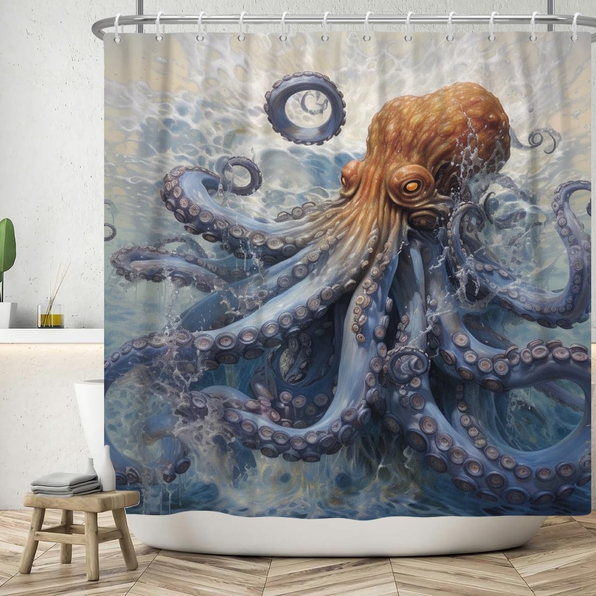 Omgoods - Douchegordijn met Handgeschilderde Octopus 180x180cm