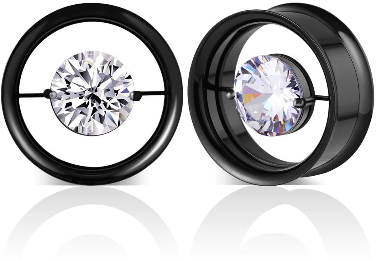 Omgoods - Stainless Steel Tunnels met Gem Earplugs - Diverse Maten Beschikbaar