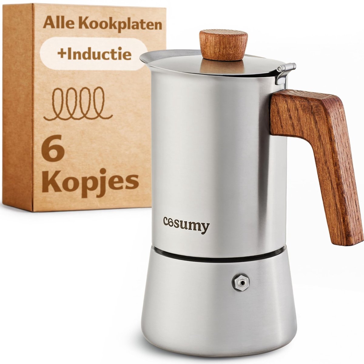 Omgoods - Espresso Maker van RVS en Eikenhout - Voor 6 Kopjes - Inductie Geschikt
