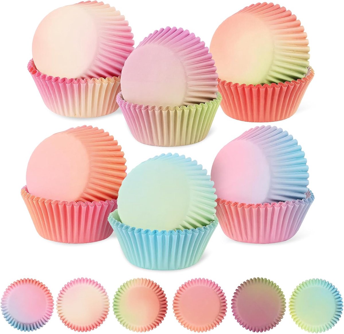 300 stuks Muffinvormpjes Papier Mini Muffins Papiervormpjes 6 Kleuren Muffins Papiervormpjes Voedselkwaliteit Verloop Design Cupcake-Vormpjes voor Bakken, Dessert, Feest, Verjaardag, Huwelijk