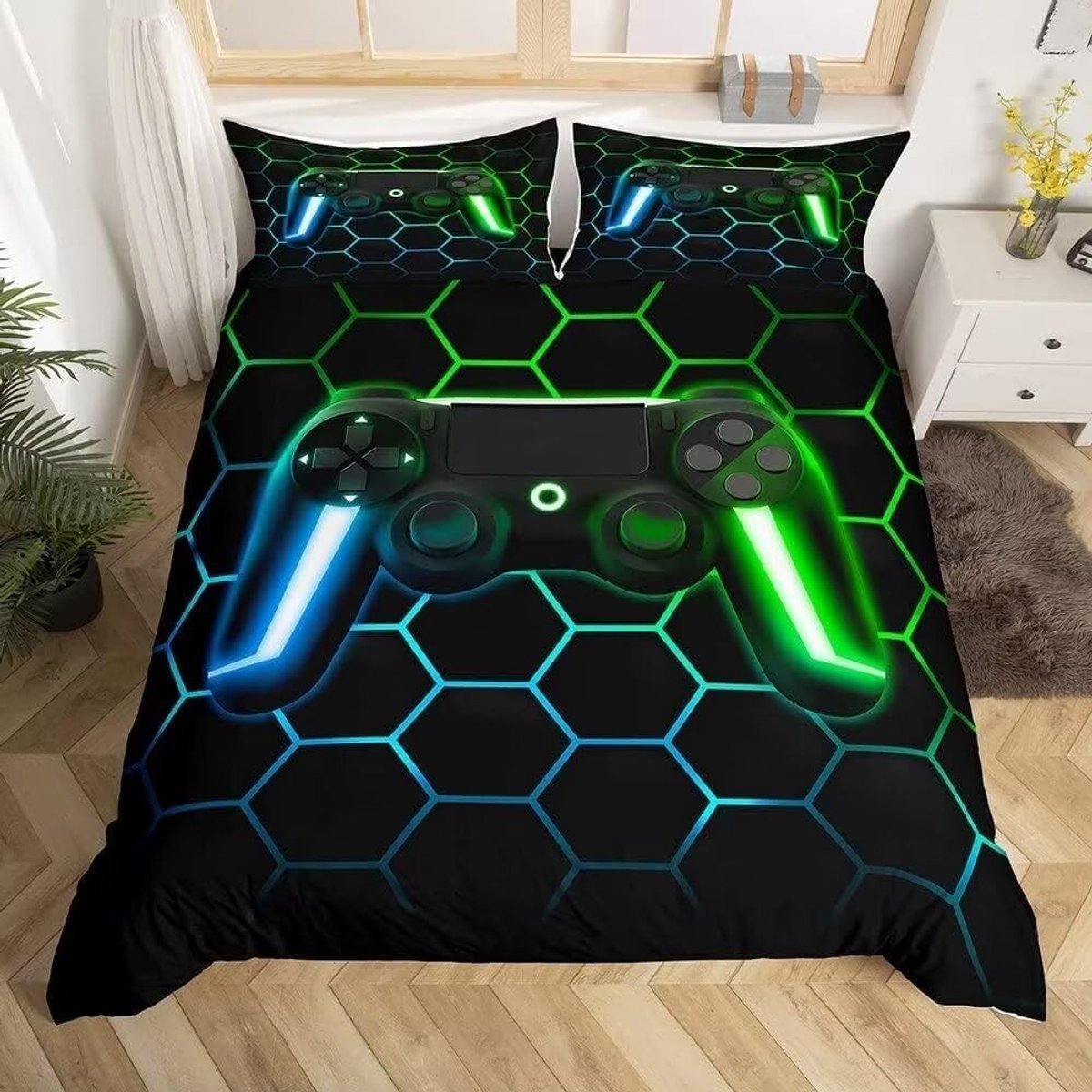 Omgoods - Hexagon Gamer Dekbedovertrekset met 2 Kussenslopen in Zwart en Groen