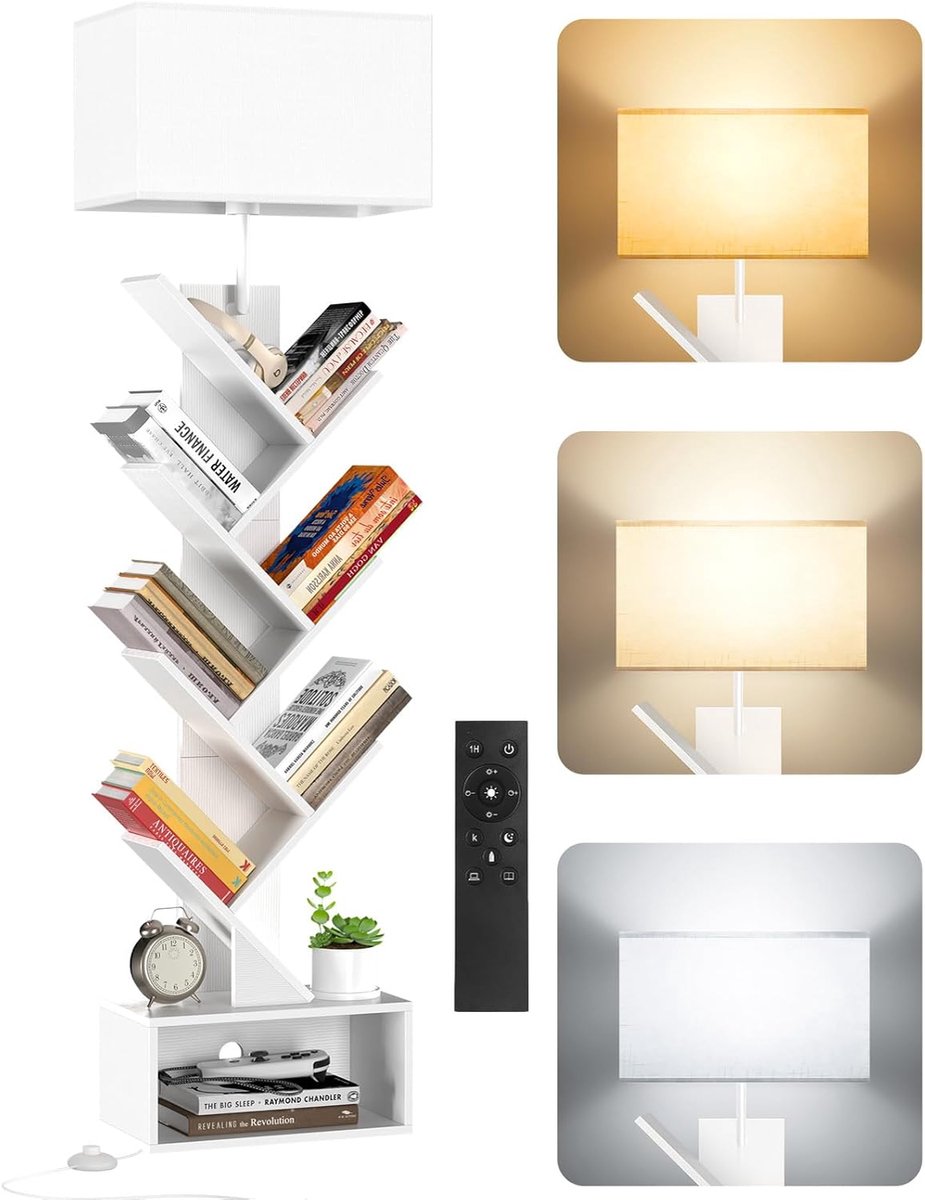 Boekenkast Boomvorm van Hout met Verlichting, Hoekrek met 6 Niveaus, Afstandsbediening & Timer – Compact Rek voor Boeken, Cd’s, Dvd’s, Woonkamer, Slaapkamer, Kinderkamer (White)