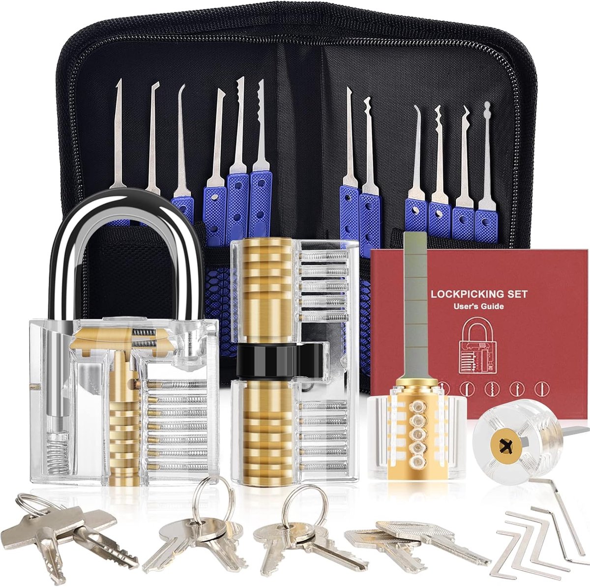 Lock Pick Set, [Verbeterde Versie] [36 Stuks] Premium Oefenslotpicktools met 4 Transparante Trainingshangsloten voor Lockpicking, Gids voor Beginners en Slotenmakertraining - Blauw