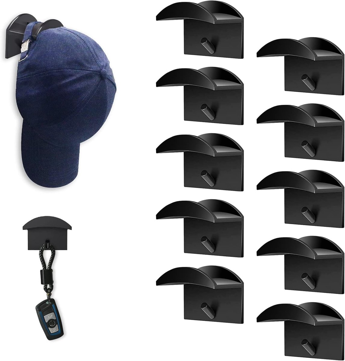 10 stuks hoedhaken voor baseballcap-muur, zelfklevende hoedenhaken, niet-borende hoedenplank, aan de muur gemonteerde hoedhouder, geschikt voor kastslaapkamer (zwart)