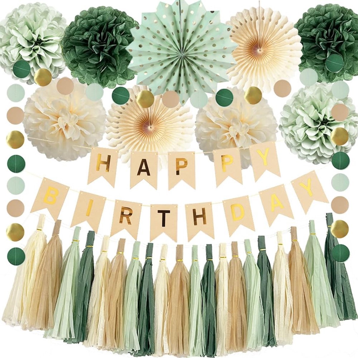 Omgoods - Sage Groene Verjaardagsdecoraties - Compleet Set met Pompoms en Garland