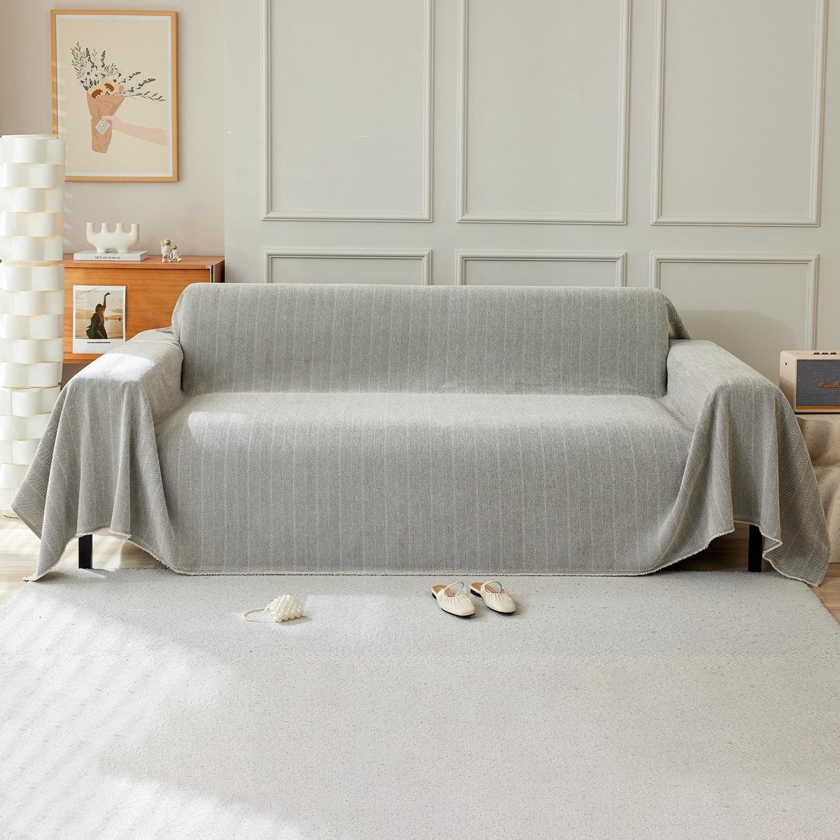 Omgoods - Effen Kleur Sofa Dekentje met Decoratieve Franje - Multifunctioneel Chenille, 230 x 260 cm - Lichtgrijs