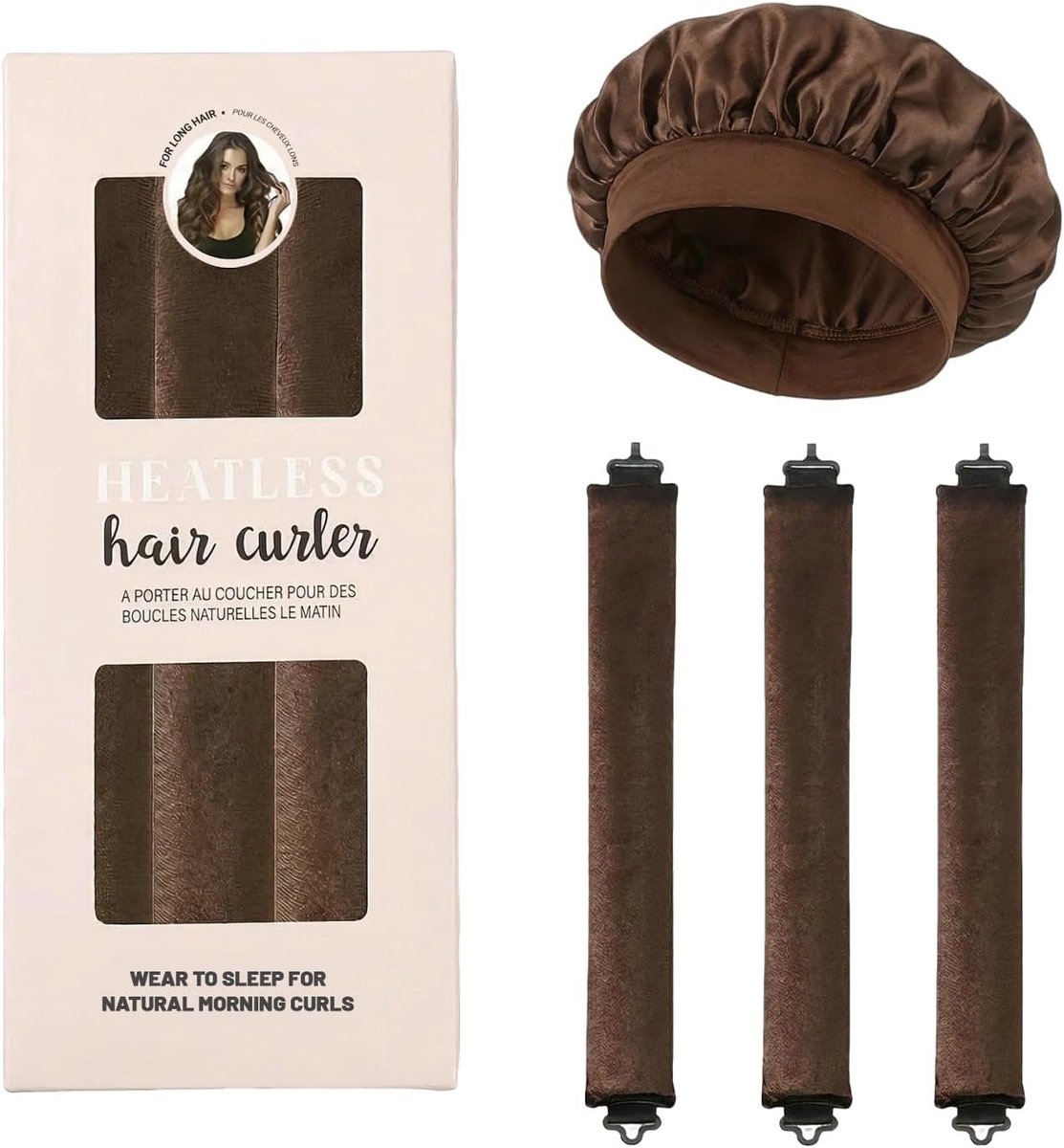 Warmtevrije krulstaven 3 stuks, haarkrullers zonder warmte met satijnen muts, flexibele staven voor 's nachts, bruin, verpakt