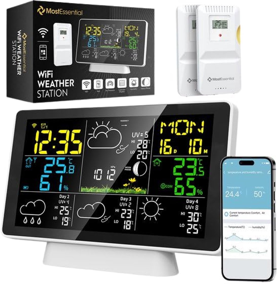 SnelShoppen - Weerstation Wifi Editie - Draadloos Weerstation met Buiten Sensor - Hygrometer - Binnen en Buiten - 150 Meter Bereik - Inclusief App - 2