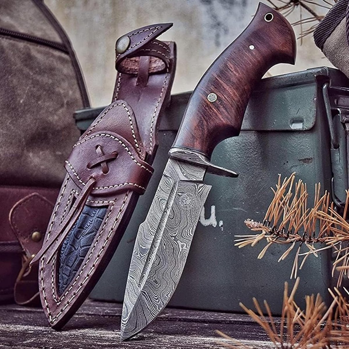 ROAR Handgemaakte Damascus Jachtmes - Bushcraft Vaststaand Jachtmes met Schede en Walnoot Houten Handvat - 10″ EDC Sluipmes - Beest Jager