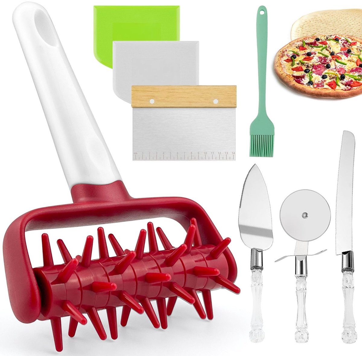 Omgoods - 8-delig Pizza Accessoire Set - Inclusief Rolling Pin, Pizza Cutters en Scrapers