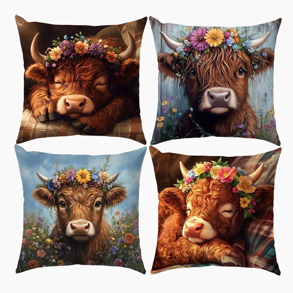 Omgoods - Set van 4 Highland Cow Kussenhoezen - Decoratieve Kussens voor Woonkamer