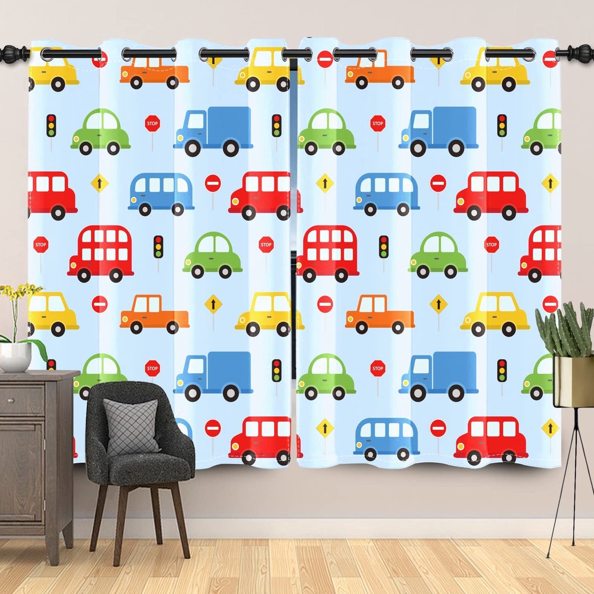 Omgoods - Cartoon Auto Blackout Gordijn voor Kinderen - 117 x 138 cm, 2 Panels voor Speelkamer en Jongenskamer