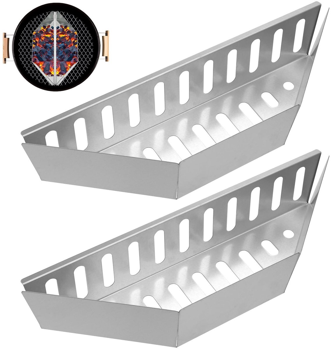 Omgoods- Houtskoolmand Roestvrij Staal - Grillmand BBQ - Kolenmand - Brikettenhouder - Set van 2 - 38,5x11,5x7,5 cm