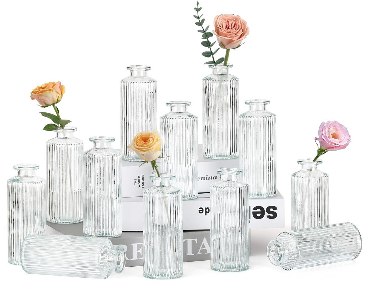 Omgoods - 12 Stuks Mini Glazen Vazen voor Tafeldecoratie - Vintage Design voor Feesten en Evenementen