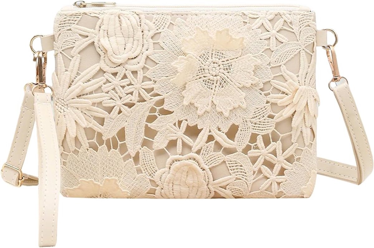KZQ Witte Leren Dames Schoudertas Met Opengewerkt Bloemenmotief En Verstelbare Crossbody Riem – Geschikt Voor Reizen, Werk En Dagelijks Gebruik