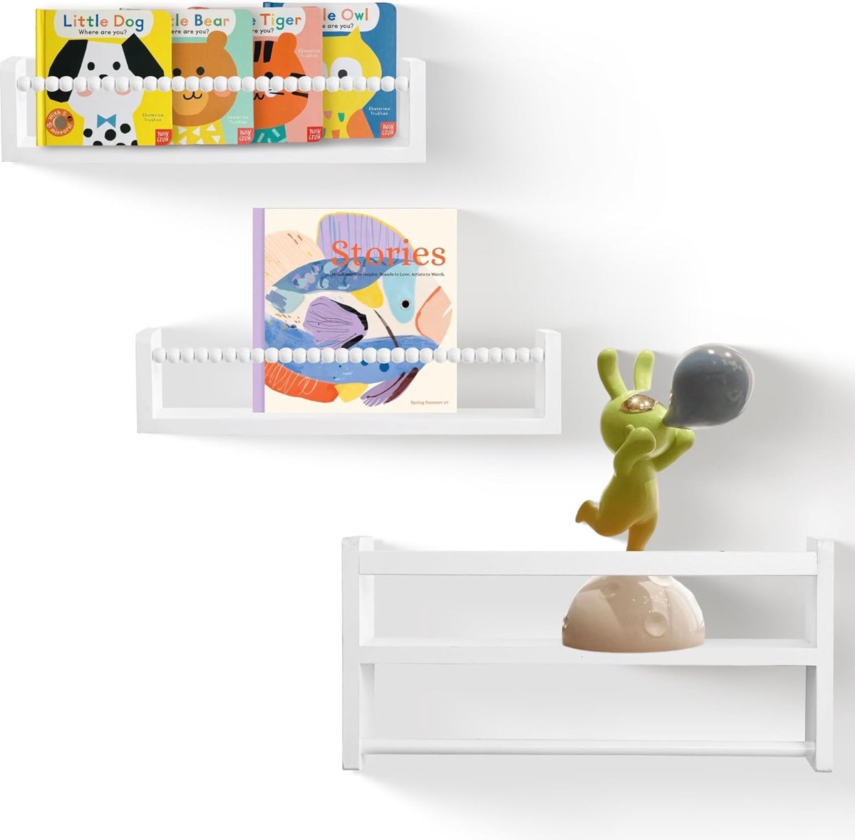 Zwevende Kinderkamerplanken Voor Aan De Muur, Kinderboekenkast Met Houten Kralenontwerp, Massief Grenenhout, Set Van 3, 40 Cm (Wit)