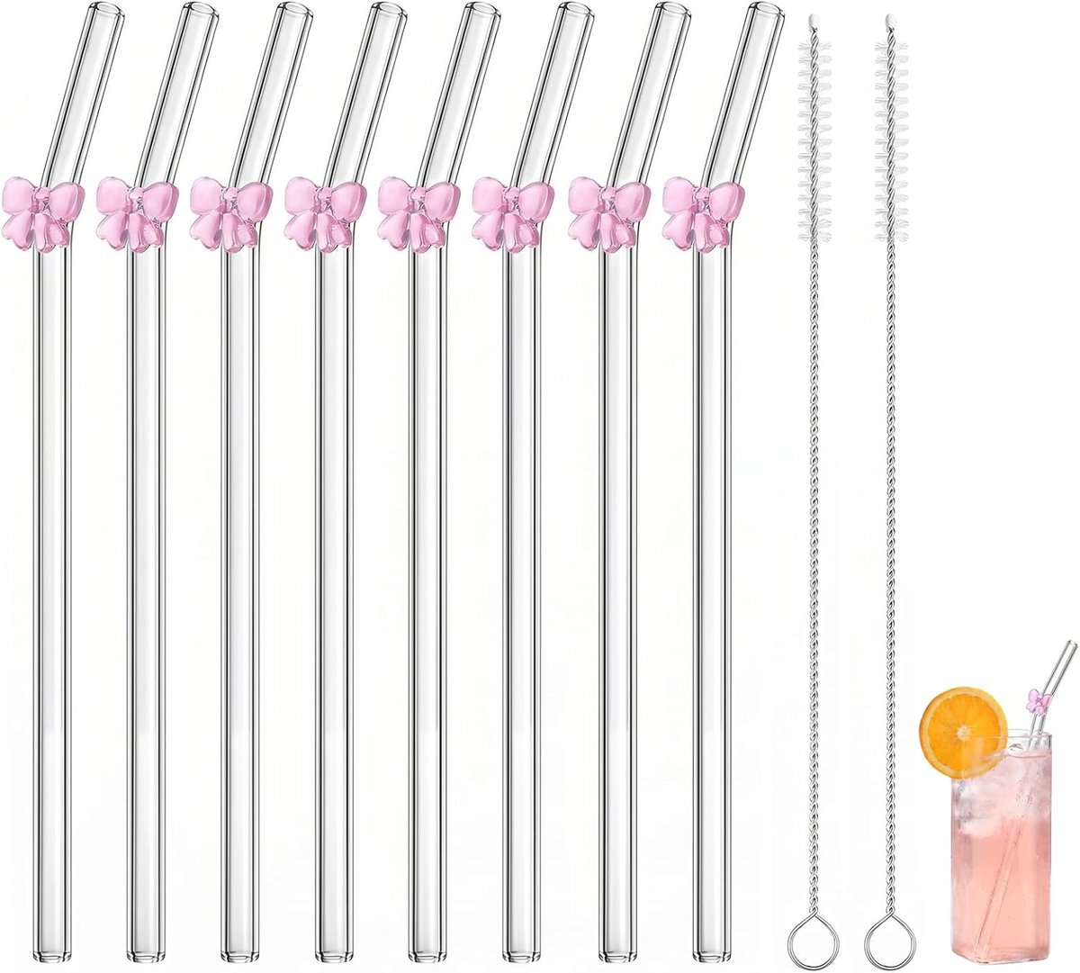 8 stuks glazen rietjes, lang, herbruikbaar, glazen rietjes met strikpatroon, compleet met rietjesborstels, ideaal voor sappen, slushies en cocktails