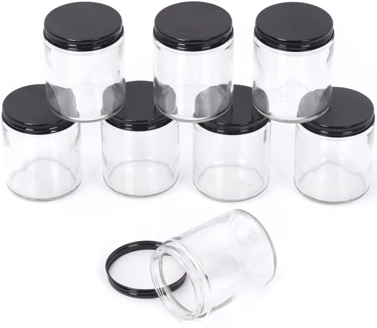 Omgoods - Set van 8 Transparante Glazen Potten met Zwart Deksel voor Cosmetica