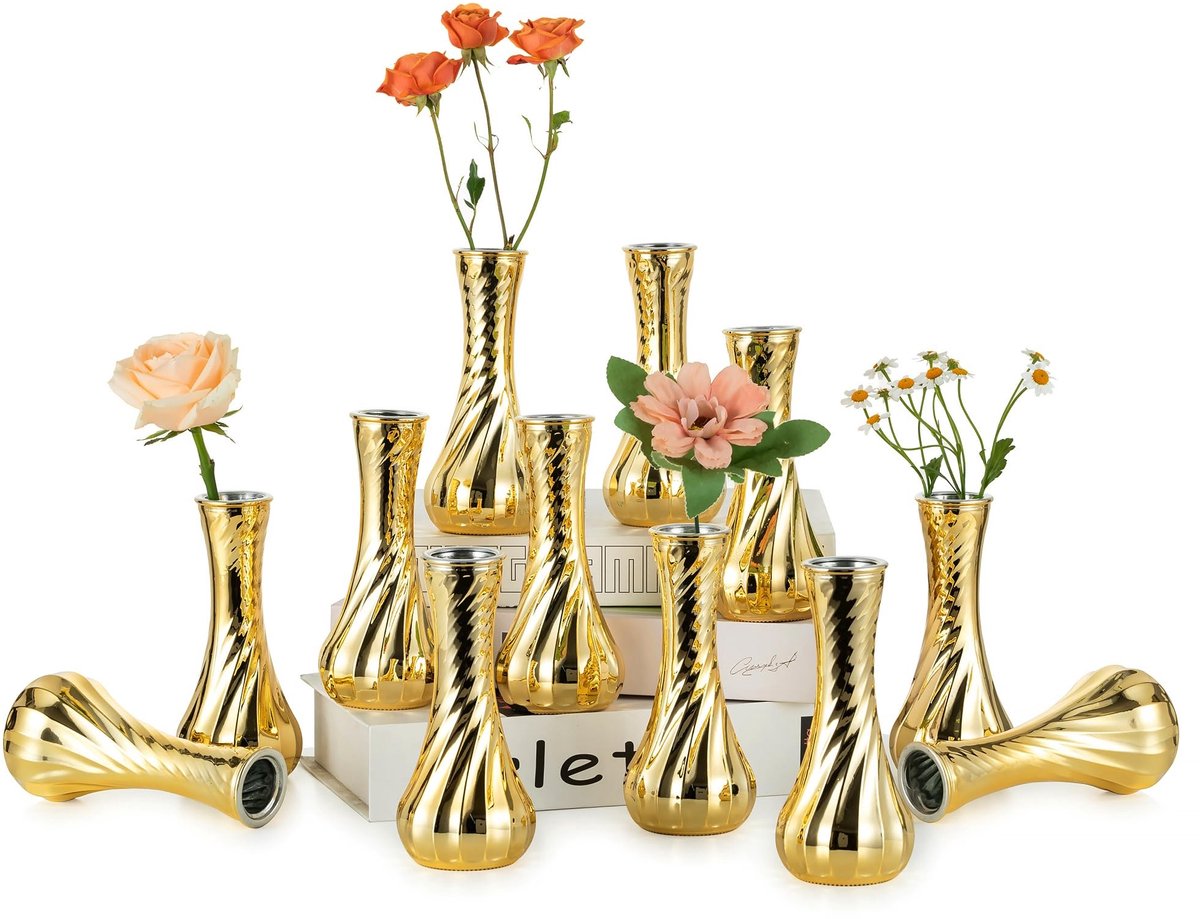 Omgoods - Glazen Bloemenvaas Set van 12 - Vintage Ribbed Vazen voor Bruiloft en Decoraties
