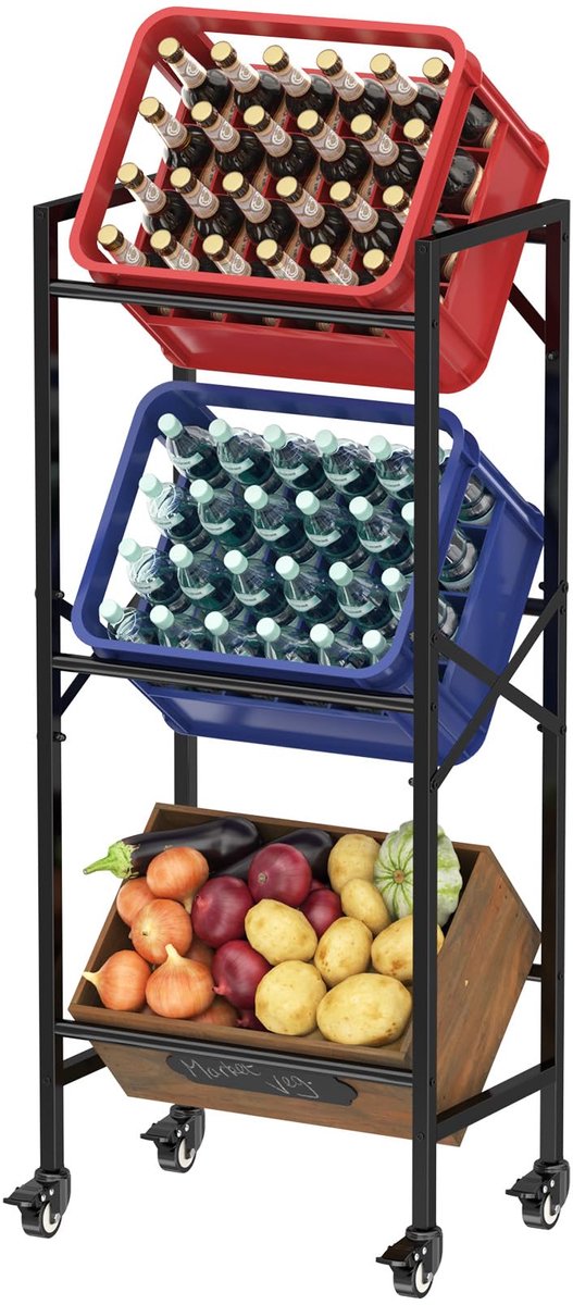 Krattenrek met Wielen - Metalen Drankkrat Houder voor 3 Kratten - Draagvermogen 150 kg - Stevig en Krasbestendig Rek voor Bier, Water en Groenten - Voor Keuken, Garage en Berging