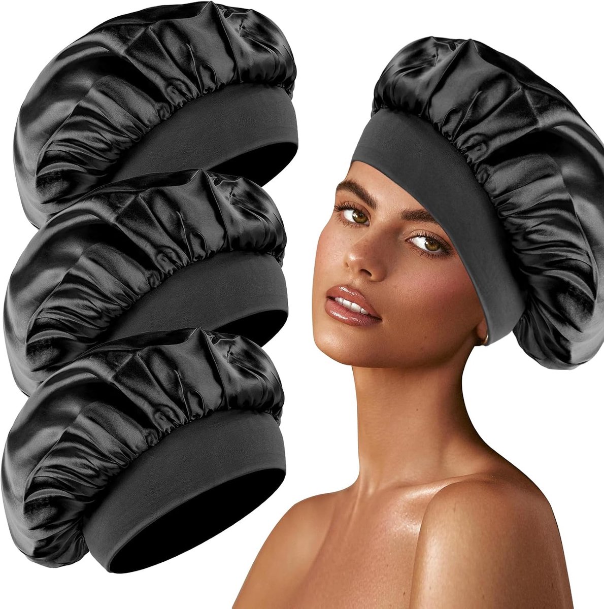 3 stuks zijden muts om te slapen slaapmuts zijde zijde bonnet satijnen bonnet | Slaapmuts, slaapmuts, haarbescherming, krulmuts om te slapen, bonnet van zijde, satijn, haarkap voor de nacht (zwart)