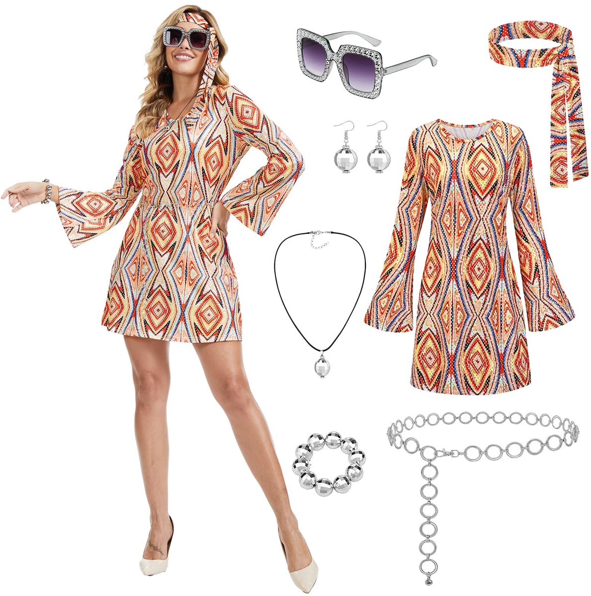 Omgoods - Disco Jurk met Geometrisch Patroon en Accessoires - Retro Outfit voor Vrouwen