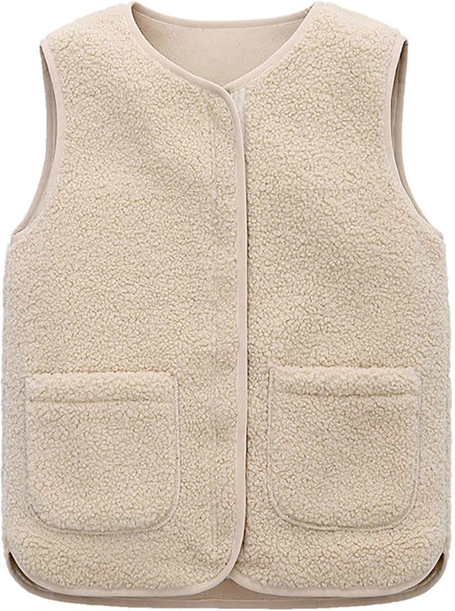 Vest voor dames, mouwloos teddy-vest, effen, V-hals, knopen, fleecevest, bont, kort, pluche vest, dames, vest, herfst