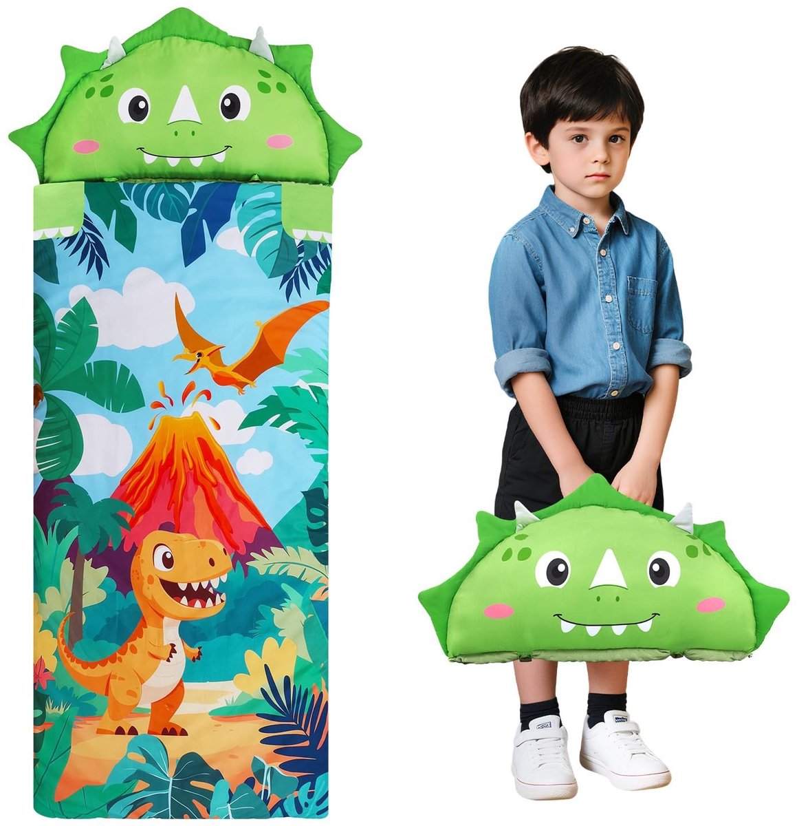 Omgoods - Kinderslaapzak met Verwijderbaar Kussen - Warme Peuter Slaapzak voor Kinderkamer, Groene Dinosaurus
