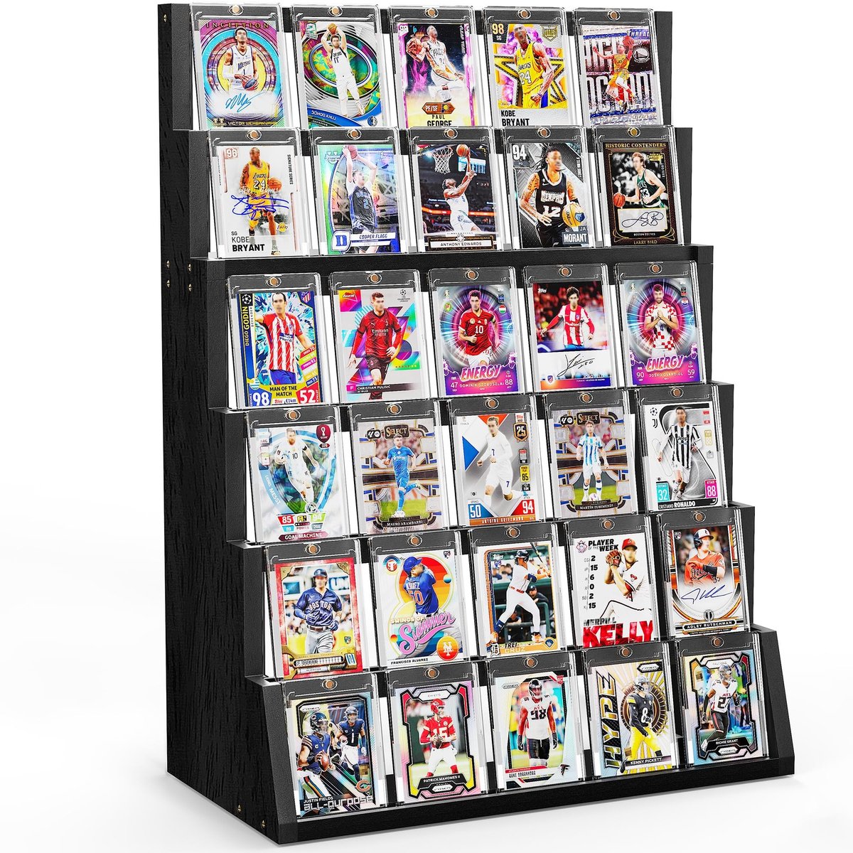 Omgoods - 6 Laags Houten Trading Cards Stand met Verstelbare Compartimenten (Zwart)
