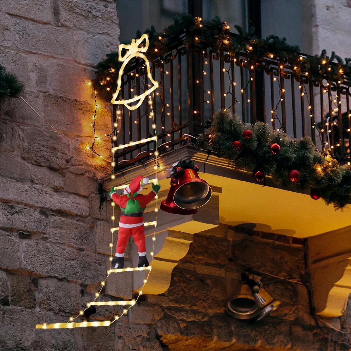 Decoratieve kerstladderverlichting met klimmende kerstman, LED kerstlichtdecoraties met 8 lichtmodi voor binnen, buiten, tuin (160cm/5,25ft, warm wit)