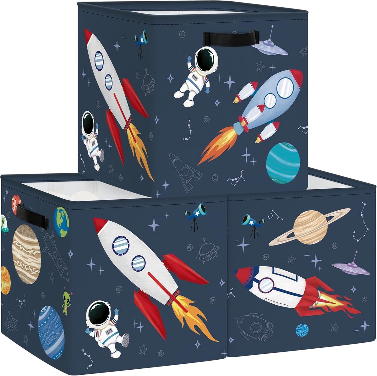 Set van 3 Opbergdozen Kosmische Ruimte Opbergkubussen voor Kast Sterren Kleding Mand Speelgoedkist en Boeken voor Slaapkamer, Raket, 30x30x30 cm
