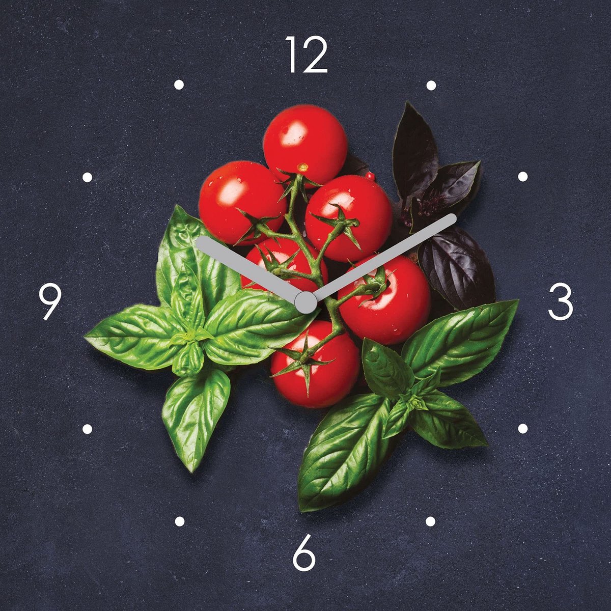 Omgoods - Glazen Wandklok 20x20 cm - Tomaat Basilicum Keuken Decoratie