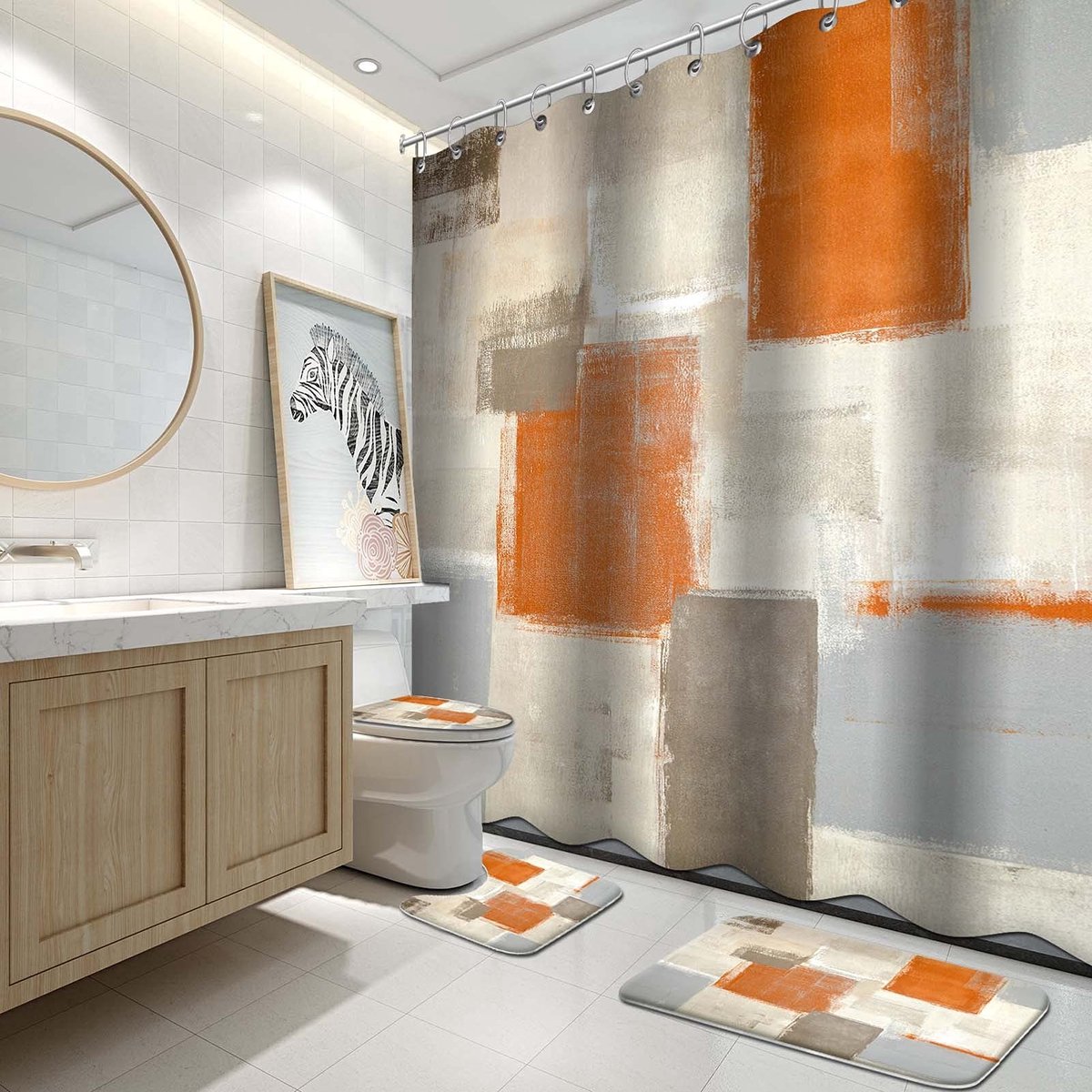 Omgoods - Badkamer Douchegordijn Set met Vloermatten 4 Stuks Modern Oranje en Wit