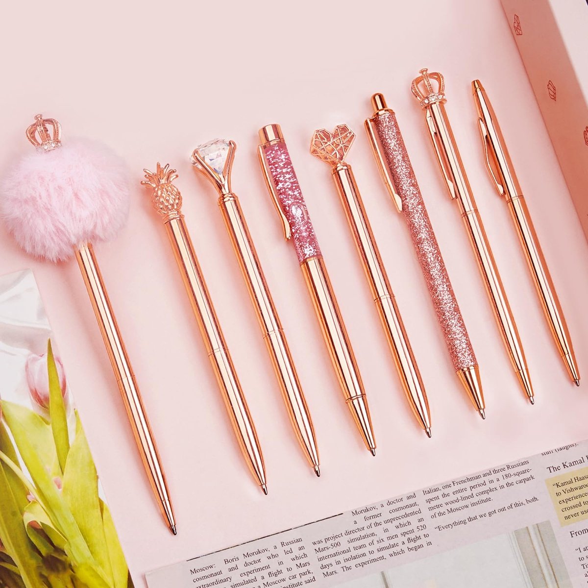 Omgoods - 8 Stuks Balpen Set in Roze Goud - Luxe Pen met Cadeauverpakking voor Dames