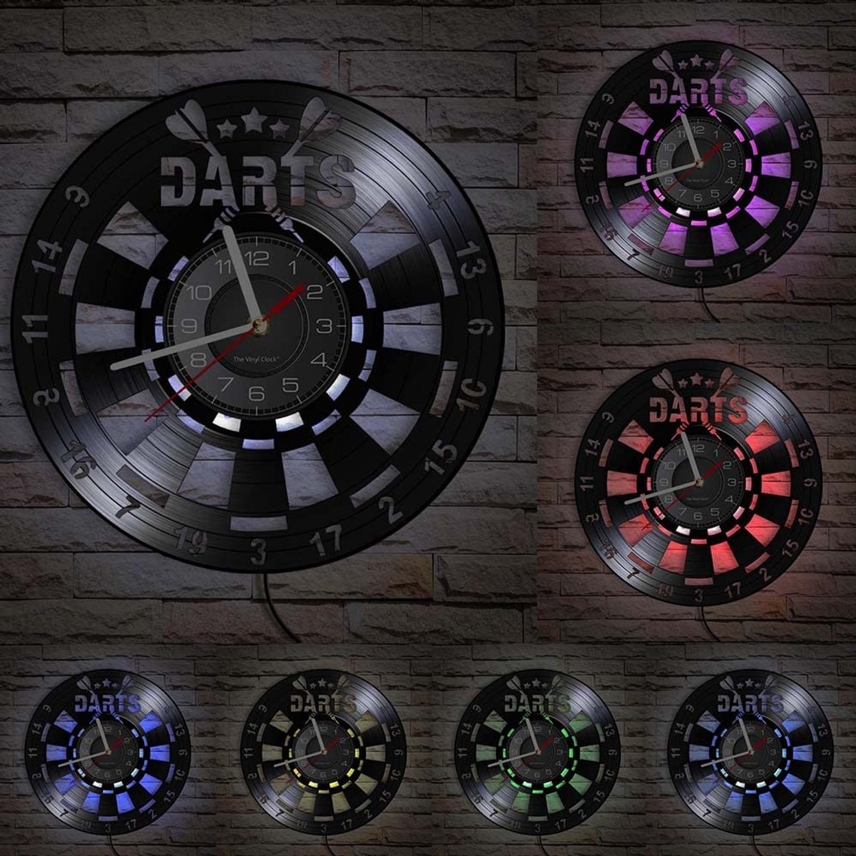 Omgoods - Vinyl Wandklok Dartvorm LED Nachtlampje 30 cm - Cadeau voor Sportliefhebbers
