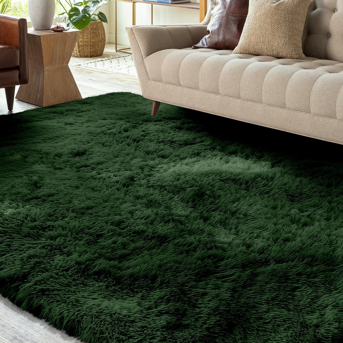 Omgoods - Fluffy Shaggy Tapijt - Donkergroen - Wasbaar 120 x 160 cm
