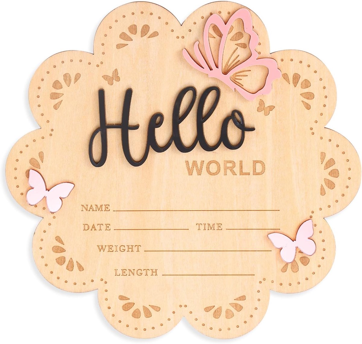 Aankondigingsbord voor Pasgeborenen, 15,5cm Houten Hello World Geboorte-Babynaamplaten voor Pasgeboren Jongens en Meisjes Fotorekwisieten Babyshower Ziekenhuiskwekerij (Zwart Roségoud)