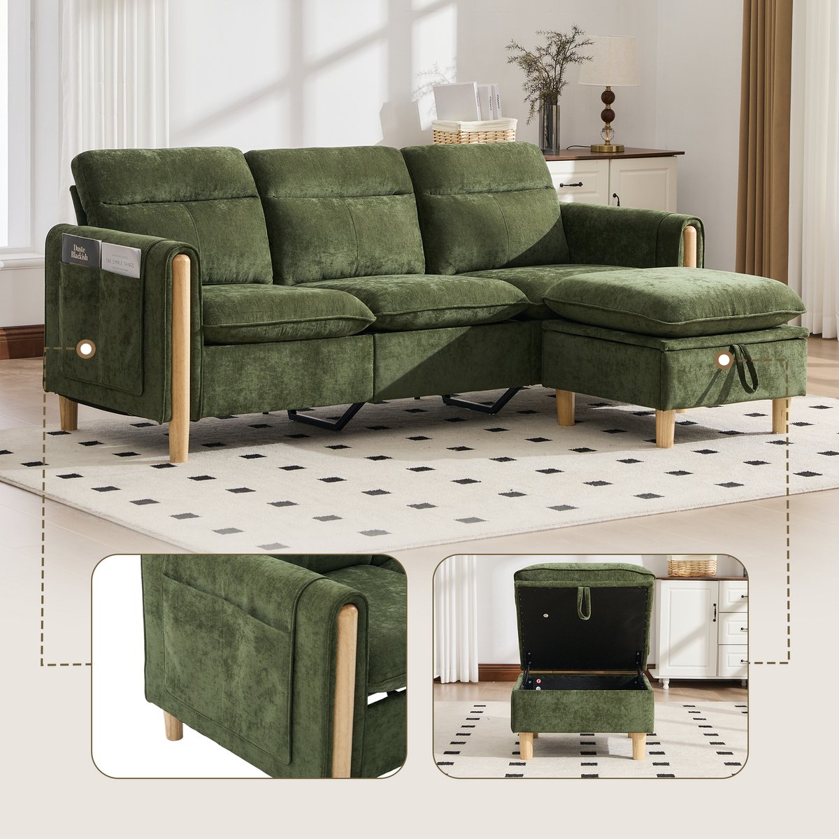 Moderne Hoekbank, L-Bank, 3-Zits bank, Driezitsbank In Scandinavische Stijl Met Opbergpoef, L-Vormige Stoffen Bank Met Zijvakken En Houten Tafelpoten, Ideaal Voor Woonkamers En Kleine Ruimtes-Groente