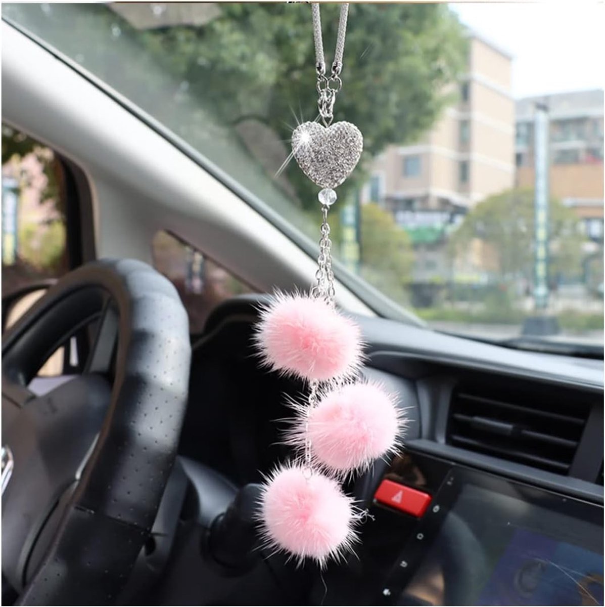 Elegante Hartvormige Achteruitkijkspiegel Accessoires met Kristallen, Auto Decoratie en Feathers voor Vrouwen - Roze Bling Ornamenten