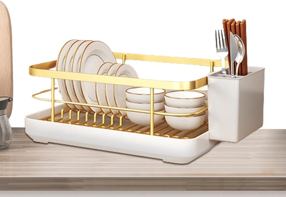 Goudkleurig metaal vaatrek met afdruipbak en los bestekhouder, afneembaar keukenrek voor borden, schalen en bestek, elegant servies droogrek voor aanrechtopberging