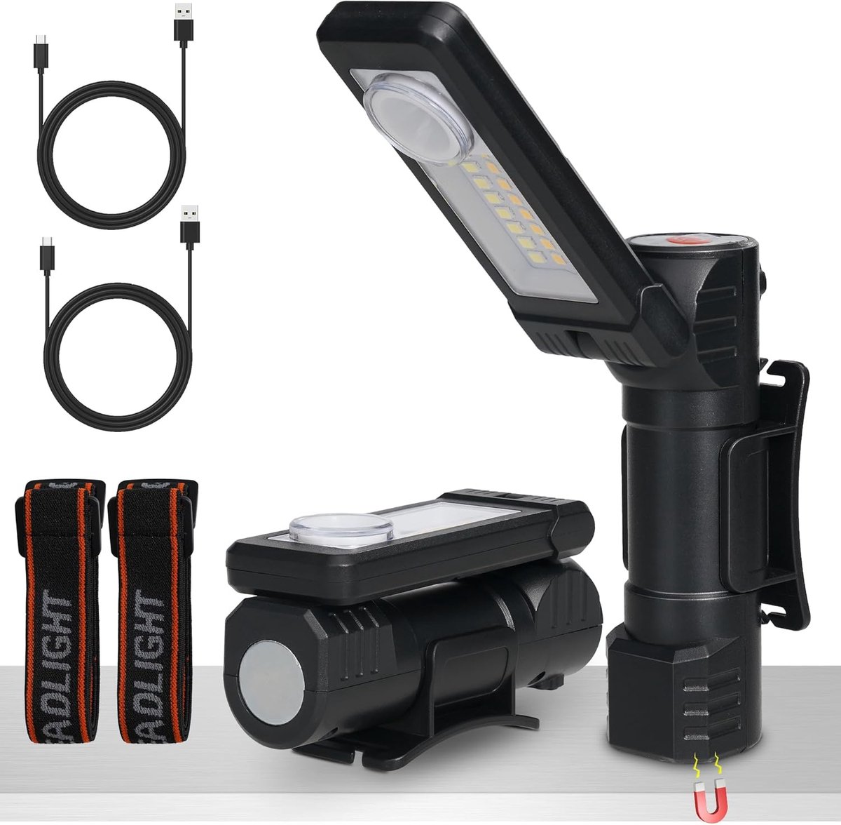2 Stuks LED-Werklamp, Werkplaatslamp, USB-Opladen, Inspectielamp met Zwenkfunctie, Magnetische Voet, Zaklamp, Werkplaats, Handlamp, Cadeau voor Mannen, voor Auto, Reparatie, Camping, Noodgevallen