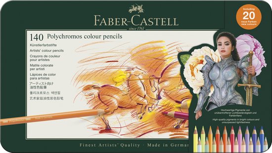 Faber-Castell Polychromos 140 kleurpotloden, artwork van paarden, vrouw in harnas, potloden en 20 nieuwe kleuren.