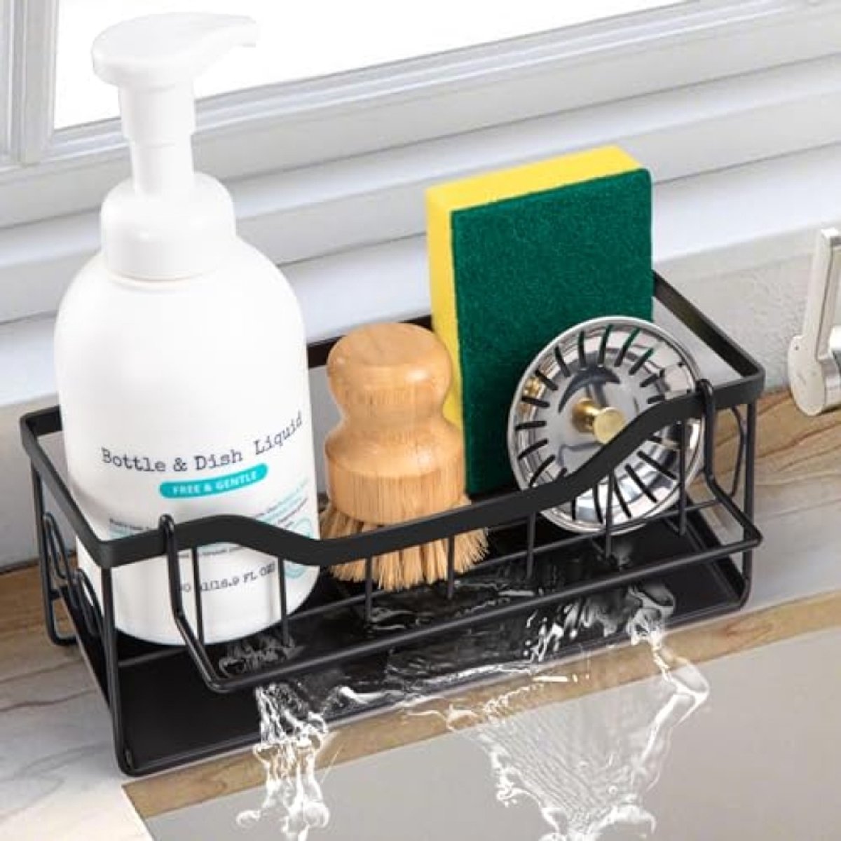 Huis Geluk Spoelbak Organizer Zwart - Opbergrek met Zelfledigende Afvoer, Afneembaar Handdoekenrek en Multifunctionele Houder voor Keuken en Badkamer